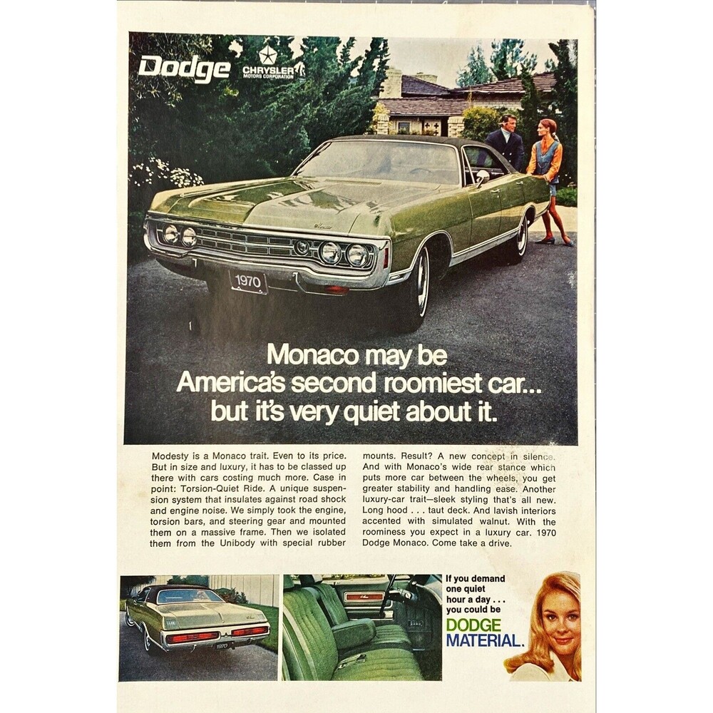 Chrysler Dodge Monaco "modesty is a Monaco Trait" Vintage Print Ad 1969